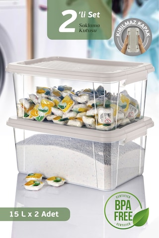 2'li Mega 15l Un Bakliyat Erzak Kabı - Kilitli Kapaklı Banyo Düzenleyici Deterjanlık Saklama Kutusu Bej