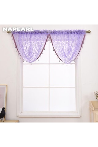 Krem 1 Pc Napearl Modern Boncuklu Jakarlı Perde Valance Tasarım Pencere Dekoratif Perde Çiçek Tül Perde Krem