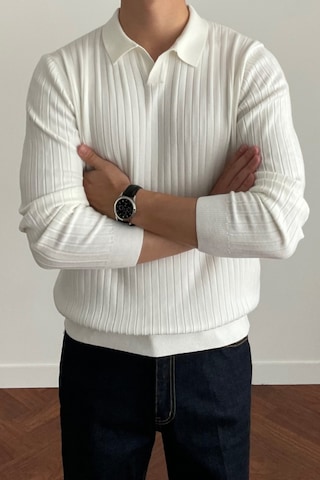 Cool Tarz Erkek Polo Yaka Triko Kazak Slim Fit Fitilli Beyaz