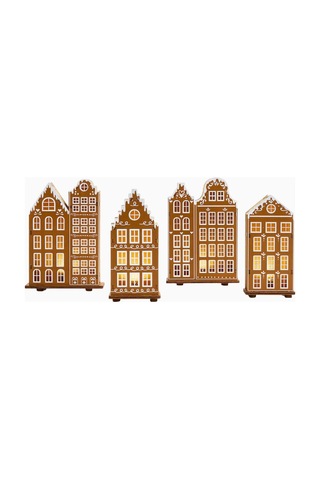 Crate & Barrel Led Gingerbread Holiday Village Set 4 Ahşap Aydınlatmalı Evler Yılbaşı Temalı Yılbaşı Dekorları
