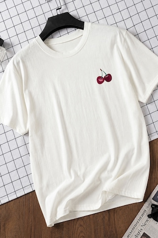 Spoyi Cherry Paris Tasarımlı %100 Pamuk Yarım Oversize Beyaz T-shirt