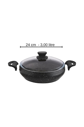 Granit Pro 24 Cm Basık Granit Güveç Tencere Siyah Bakalit Saplı Cam Kapaklı Yapışmaz