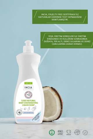 INCIA %100 Doğal Bebek Bulaşık Sabunu Bitkisel Emzik Biberon Temizleyici Vegan 500 ml