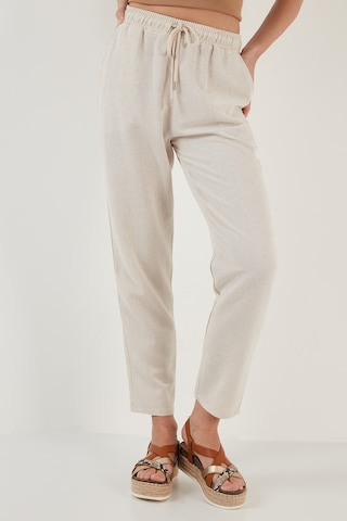 Lela Pamuk Ve Keten Karışımlı Yüksek Bel Rahat Kesim Cepli Bayan Pantolon 5865019 Bej