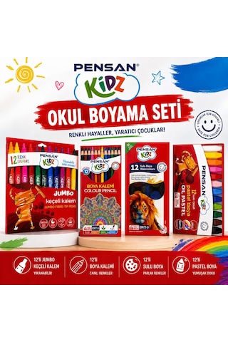 Pensan Kidz 4 Lü Boyama Seti 12 Renk Keçeli Kalem Pastel Sulu Boya Kuru Boya Okul Seti Çok Renkli