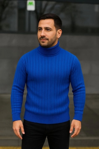 Efnaz Style Erkek Balıkcı Yaka Bağazlı Triko Kazak Pamuklu Kalın Fitilli Dokuma, Regular Fit Uzun Kollu Kışlık Model - Saks Mavisi