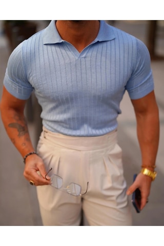 Erkek Fitilli Polo Yaka Triko T-shirt Mavi
