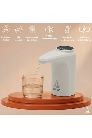 Pizen Flow Şarjlı Otomatik Damacana Su Pompası Tds Ölçer 250ml 500ml 1l 2l Ölçü Özellikli Beyaz