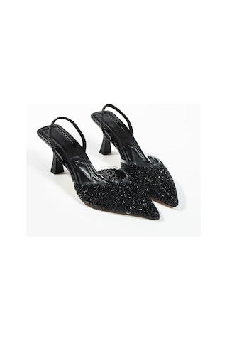 Duxal Shoes London Cam Kırıntıları Detay Arkası Açık Topuklu Ayakkabı Siyah