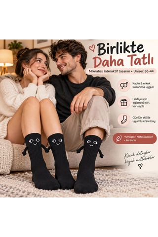 Womanandkids Wak El Ele Tutuşan Mıknatıslı Sevimli Çorap 36-44 - Çift Hediyesi, Pamuklu Renkli Crew Model Siyah