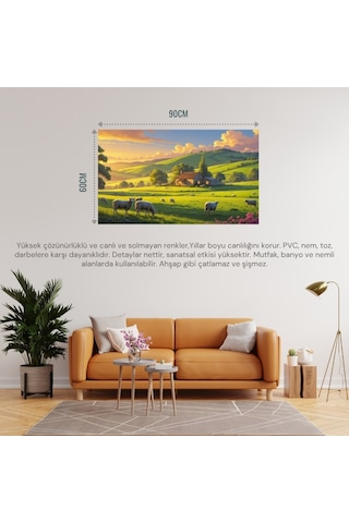 Doğa Ve Manzara Yatay Küçük Çiftlik Evi Yeşil Tepeler, Çiçek Açmış Tarlalar Doğa Ve Huzur 02 Çerçevesiz 90x60cm Pvc Tablo