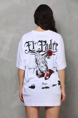 Amorluxe Unisex Bisiklet Yaka Baskılı Oversize T-shirt - Beyaz