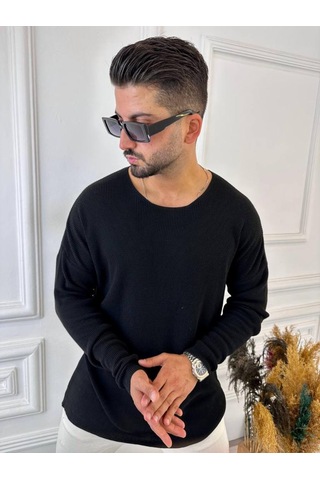 Kazak Oversize Örme Natural Pamuk Tüylenmeyen Kazak Salaş Tarz Triko Sweatshirt Siyah