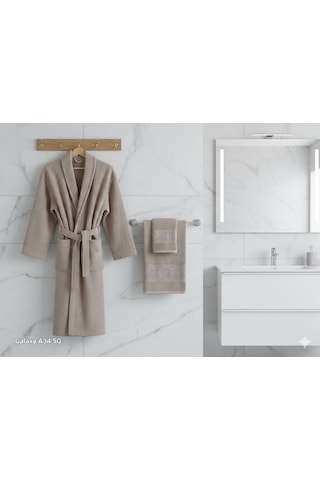 Belinis %100 Pamuk Otel & Spa Kalitesinde Yumuşak Yüksek Su Emici 1 Adet Bornoz 1 Adet 50 X90 Cm Havlu Bej