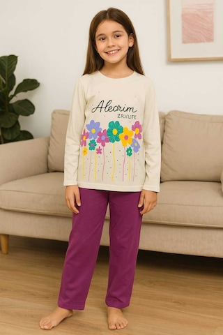 Çocuk Pijama Takımı %100 Pamuk Çiçek Desenli Krem