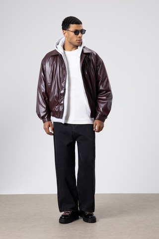 Vamos Basıc Suni Deri Oversize Ceket Bordo