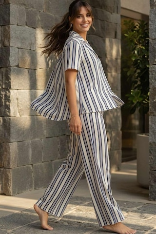 Relax Mode Kadın Mavi Çizgili Gömlek Pijama Takım - 26036r Beyaz