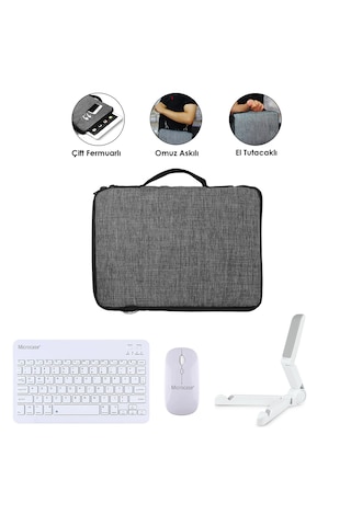 Microcase Xiaomi Redmi Pad 2 11 İnch Tablet Uyumlu Gri Çanta + Türkçe Bluetooth Klavye + Mouse + Standı - Beyaz Al5163 Omuz Çantası
