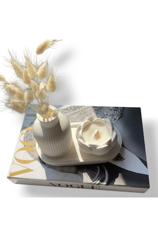 Çizili Vazo Ve Lotus Kokulu Soya Wax Mum Seti Beyaz