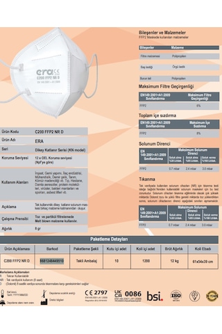 Era C200 Ffp2 Nr Ventilsiz Toz Maskesi 1.200 Adet