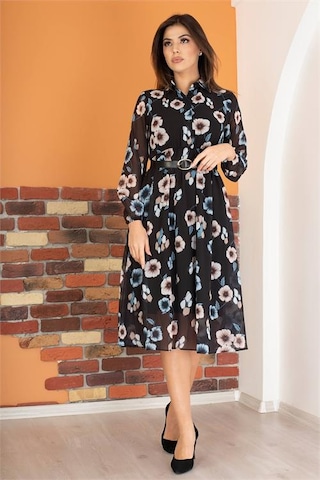 Neşeli Butik Kadın Siyah Kemerli Gömlek Yaka Şifon Elbise Ry0031 Mint Yeşili