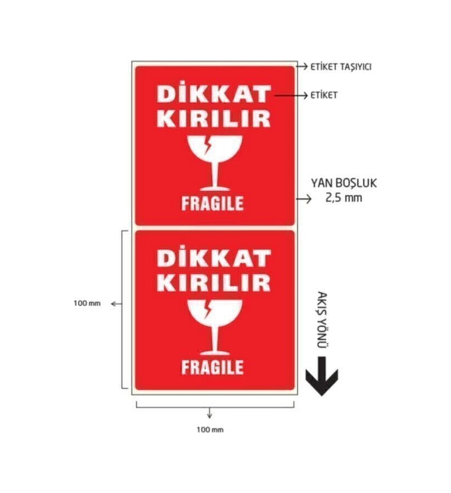 Kırmızı Dikkat Kırılır Etiketi 100x100 Mm 500'lü 1 Rulo Diğer