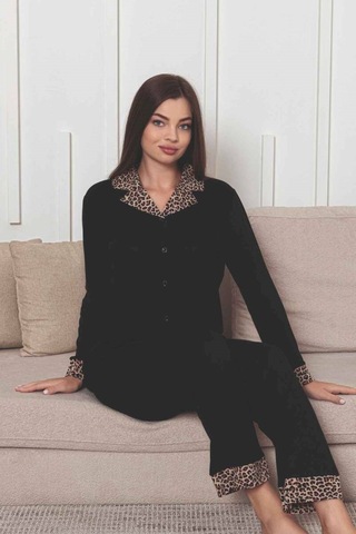 Alimer Kadın Siyah Leopar Desen Gömlek Yaka Önden Düğmeli Likralı Viskon Mevsimlik Uzun Kol Pijama Takımı Siyah