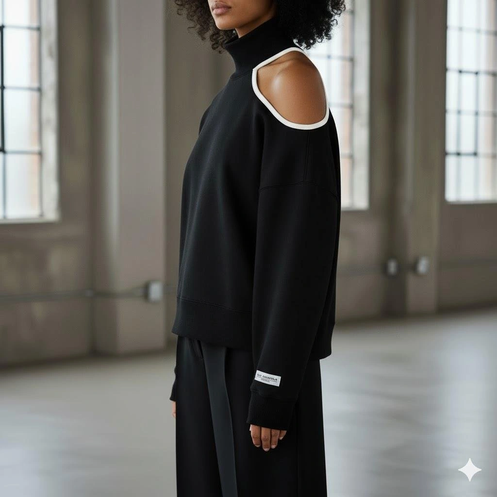 Afri Modern Açık Omuz Tek Omuz Balıkçı Yaka Kadın Sweatshirt - Siyah Rengi Siyah
