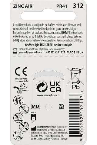 Yesmed Extra Power 312 No Kulak Pili 10paketx6 Adet 60 Adet Pil