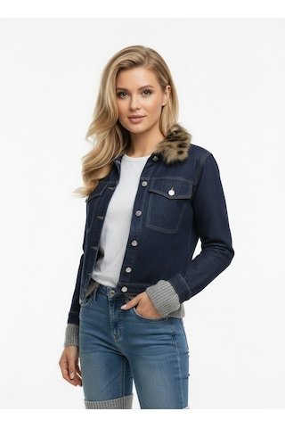 Duygudan Kürk Yaka Detaylı Premium Denim Ceket Modern Kesim Şık Jean Ceket - Mavi