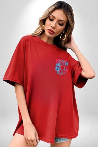 Histerik Kırmızı Oversize Unisex Ön Ve Sırt Baskılı Tişört Kırmızı