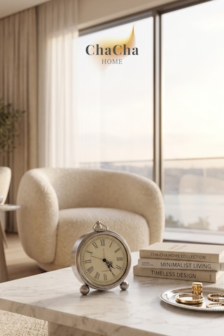 Chacha Home Serene Bell Vintage Metal Çalar Saat & Premium Masaüstü Dekoratif Obje 16x14 Cm Gümüş