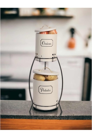 Decorev Kulplu 2 Katlı Patates Soğanlık Metal Patates Soğan Kovası Sebzelik Sepeti Beyaz
