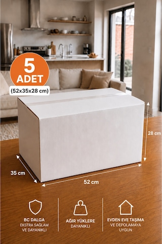 5 Adet Ev Taşıma Kolisi 52x35x28 Cm Bc Dalga Beyaz Koli + 5 Adet Kırılabilir Etiketi Dayanıklı Taşıma Kolisi