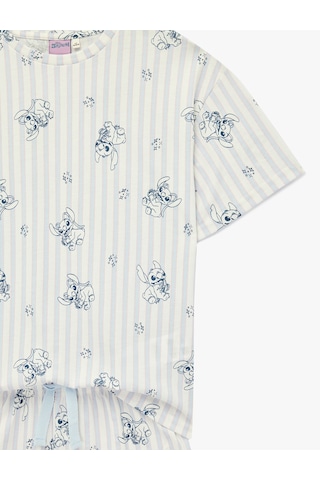 Koton Lisanslı Pamuklu Stitch Baskılı Kısa Kollu Şortlu Pijama Takımı Mavi Çizgili 6slk40209mk