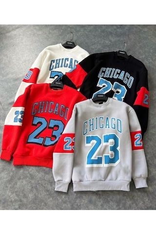Erkek Gri Unısex Oversize Chicago 23 Baskılı Polarlı Sweat Gri