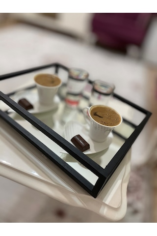 Çay Kahve Sunum Tepsisi Dekoratif The Milas Aynalı Metal Tepsi 22cm X 30cm 2 Kişilik Siyah