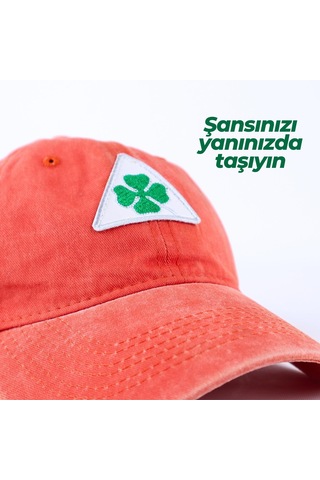 Perlotus Vintage Yıkamalı Pamuk Şapka Dört Yapraklı Yonca Nakışlı Turuncu Turuncu