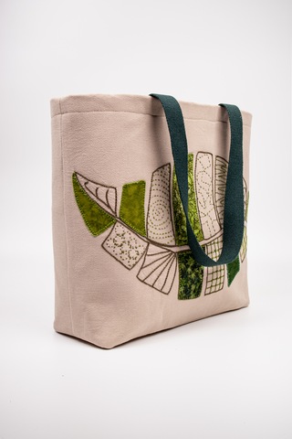 Fabric Craft Bag Omuz Çantası Duck Kumaş Patchwork Sashiko El İşlemeli Astarlı Telalı Günlük Çanta 44x34 Cm Acı Kahverengi - Bej