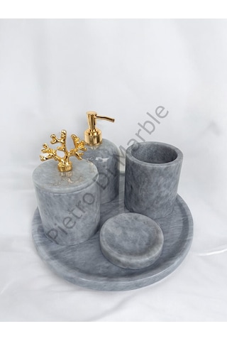 Gri Mermer Klasik Model 5 Parça Gold Renk Mercan Aksesuarlı Banyo Seti Gri