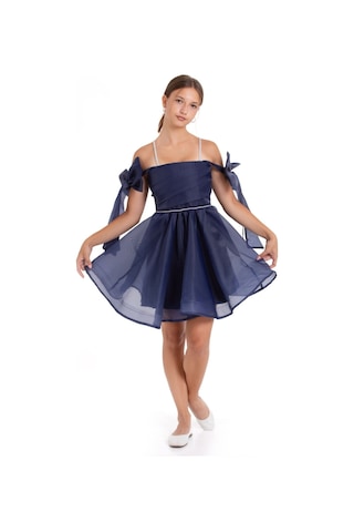 Kız Çocuk Omuz Fiyonklu Lacivert Mezuniyet Ve Özel Gün Saten Kısa Abiye Elbise Lacivert