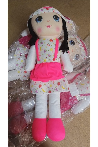Sevimli Peluş Bez Bebek 50 Cm - Örgü Saçlı Meyve Desenli Elbiseli Bez Bebek