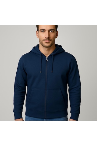Axxel Erkek Lacivert 2 İplik Fermuarlı Kapüşonlu Sweatshirt-w1084 Lacivert