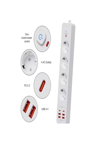 Termal Akım Korumalı 4 Lü Priz 4x Usb 2x Type-c Çıkışlı Grup Priz Çoğaltıcı 3500w 2 M