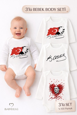Babyden's Atatürk Temalı 3 Lü Bebek Body Seti %100 Pamuk Uzun Kollu Çıtçıtlı Zıbın Body Beyaz