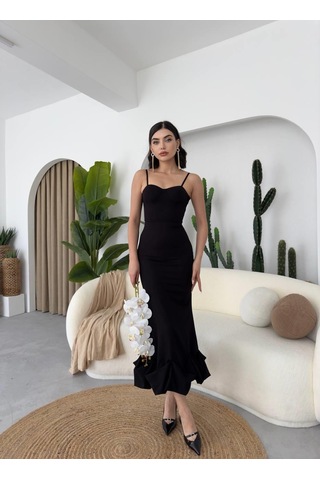 Simala Dominic Eteği Büzgülü Midi Boy Elbise Siyah