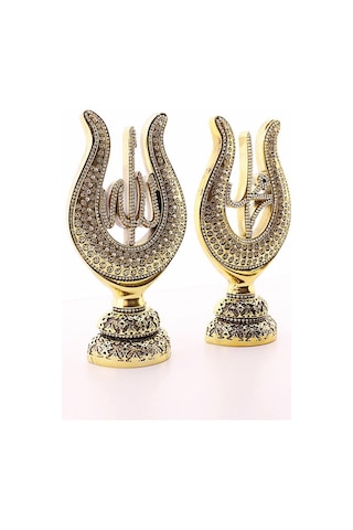 Orta Boy Biblo 22 Cm Lale Lafız 2'li Gold Allah Muhammed Polyester Üzerine Metal Kaplama Biblo
