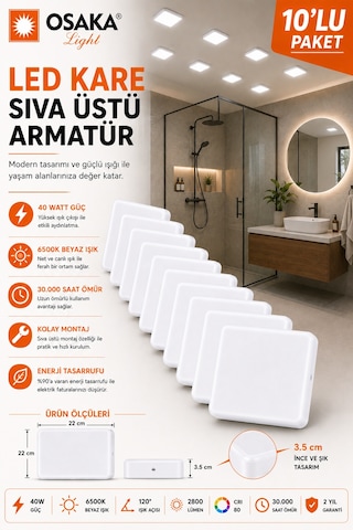 10 Adet Osaka 40w Kare Sıva Üstü Armatür Beyaz Işık 6500k
