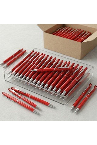 Bk Kurumsal Promosyon 1022 Metal Kırmızı Touchpen Kalem 10 Adet Lazer Baskılı Logolu Tükenmez Kalem