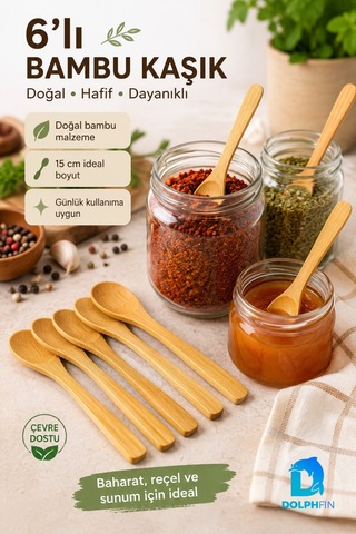 6 Lı Bambu Kaşık Seti 15 Cm Doğal Ahşap Baharat Ve Sunum Kaşığı